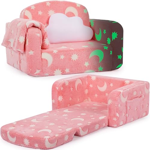 Pink Moon Kids 2-in-1 Glow-in-The-Dark Toddler Couch with Blanket & Cloud Pillow