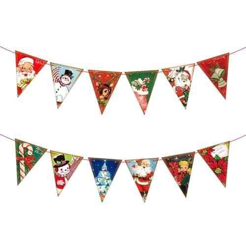 Vintage Christmas Banner, 19.6ft Paper Holiday Triangle Bunting Flags, Pre-Strung Pennant Garland for Xmas Party, Home, School, Church Decor