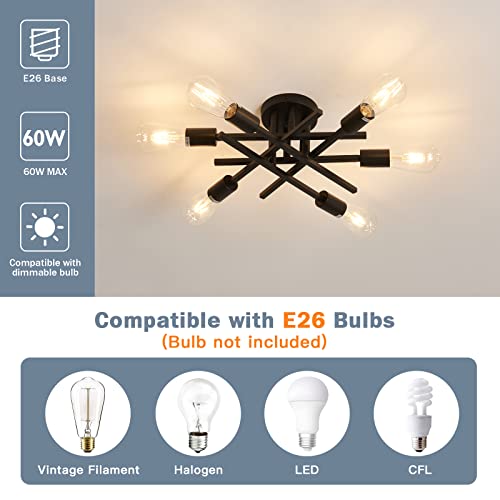 Semi Flush Mount Ceiling Light Fixture - Black Sputnik Chandelier with 6 E26 Bulb Base - Modern Farmhouse Style