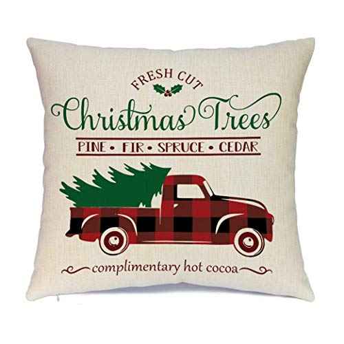 Ueerdand Christmas Decorations Pillow Covers 18¡¿18 Set of 4 Black and Red Xmas Farmhouse Buffalo Plaid Truck Throw Pillow Case for Holiday Home Sofa Couch