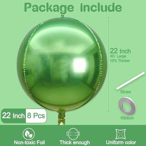 8 Pcs Gradient Green Balloons, 22 Inch Large 4D Round Metallic Chrome Foil Mylar Balloons for Birthday Party Decorations Christmas Baby Shower Engagement Spring Summer Jungle Green Party Supplies