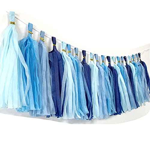 Tissue Paper Tassels Paper Tassels Garland Banner Table Decor Party Tassels Banner Wedding Birthday Baby Shower Nursey Party Decorations Supplies (20, Lt-Blue+Blue+Sky Blue+Royal Blue)