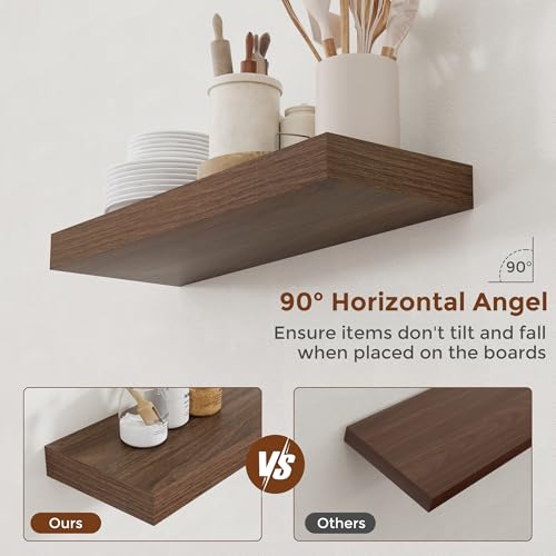 Heimlove 24-Inch Walnut Floating Wall Shelves Set of 2 Rustic Wood Wall Mounted Storage