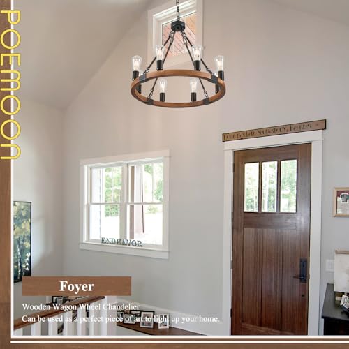 Farmhouse Wooden Wagon Wheel Chandelier 8-Light Fixture - Walnut, 23.6"