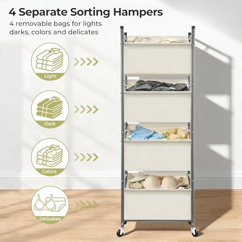 Beige 4-Tier Vertical Laundry Hamper with Rolling Wheels - 180L Capacity