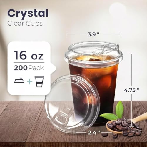 16 oz Clear Plastic Cups with Strawless Sip Lids - 200 Pack, Disposable To-Go Drinkware