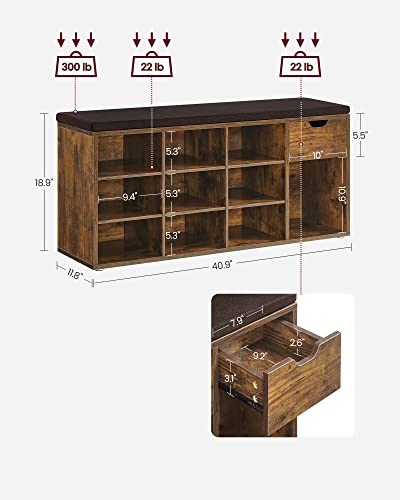 VASAGLE Rustic Brown Shoe Bench with Cushion and Storage, 10 Compartments - Brown + Chestnut Brown