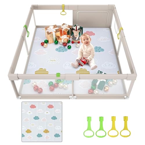 Baby Playpen with Mat - 59x59in Safety Play Yard for Toddlers, Grey