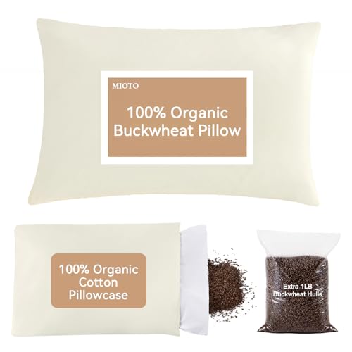 MIOTO Organic Buckwheat Pillow 14x20 Off White with Adjustable Fill & Extra Cover