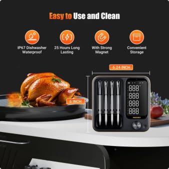 Wireless Meat Thermometer with 4 Probes, WiFi & Bluetooth, LCD Display, Waterproof, Black