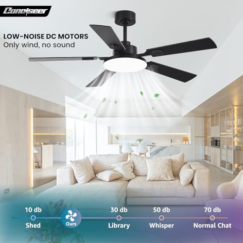52-Inch Ceiling Fan with Lights Remote Control Black/Wood Grain - Reversible, Dimmable, Quiet DC Motor