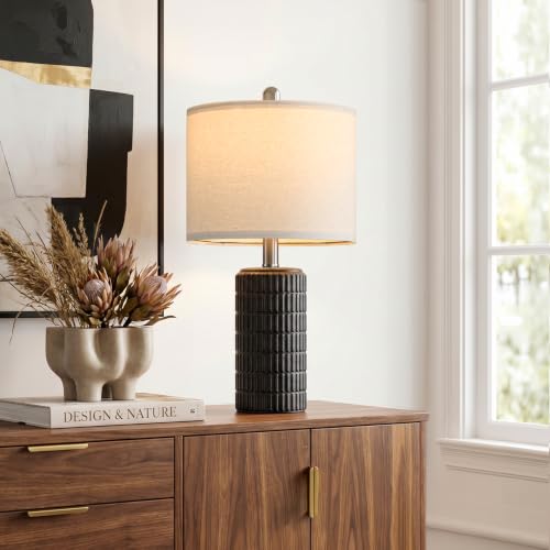 PoKat 21'' Matte Black Ceramic Table Lamp with Linen Shade - Modern Bedroom Decor