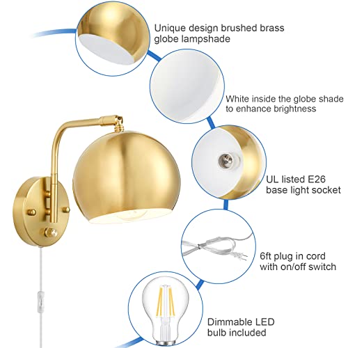 VATONI 2 Pack Gold Dimmable Wall Sconces with Plug-in Cord & Knob Switch, Swing Arm, Globe Lights for Bedroom Hallway