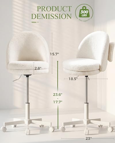 TV Cream Small Teddy Velvet Vanity Chair with Back & Bow Pillow - Adjustable Office Stool