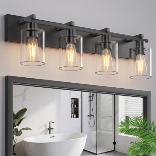 Black & Clear 4-Light Matte Black Bathroom Vanity Light with Thick Glass Shades - 30 Inch Modern Wall Sconce, Over Mirror Lighting