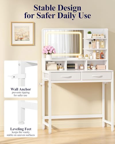 Small Vanity Desk with Mirror and Lights - 31.5 x 15.8 x 51.2 Inches, 2 Fabric Drawers