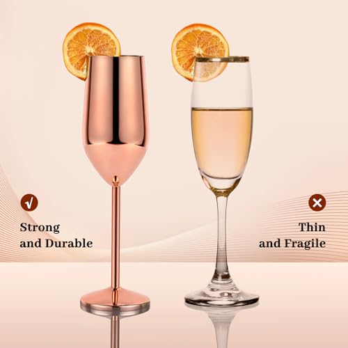 Lifecapido Rose Gold 6-Pack 8oz Stainless Steel Champagne Flutes Unbreakable Stemware for Party Wedding Gift