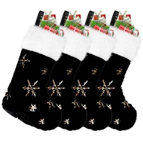 CCINEE 4PCS Black Christmas Stockings,18 Inch Large Plush Faux Fur Xmas Stocking with Golden Snowflake Sequin Glitter Snowflake Hanging Stocking for Christmas Tree Wall Fireplace Home Decoration