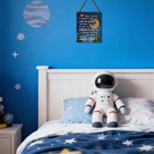 Baptism Christian Bible Verse Wall Decor - Now I Lay Me Down to Sleep, Starry Night Sky Wooden Hanging Sign Decor Gifts for Boys Girls, Kids Room, Nursery, Living Room, 8x10 Inches -B34
