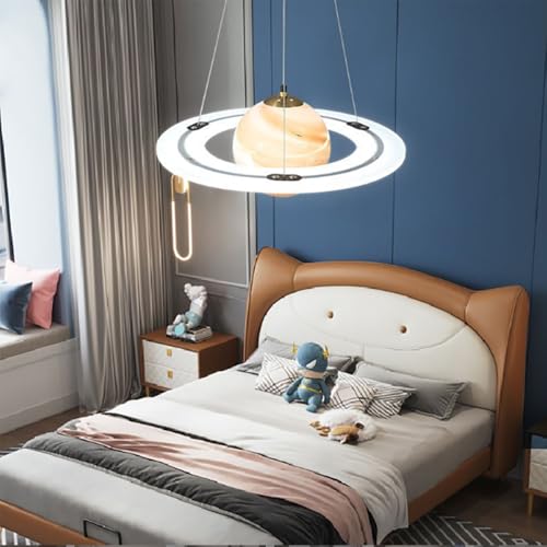 Orange Kid's Planet Glass Pendant Light - Creative Dimmable LED Chandelier for Children's Room