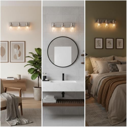 Brushed Nickel Bathroom Vanity Lights 3-Light with Clear Glass Shades - Variation of This Listing