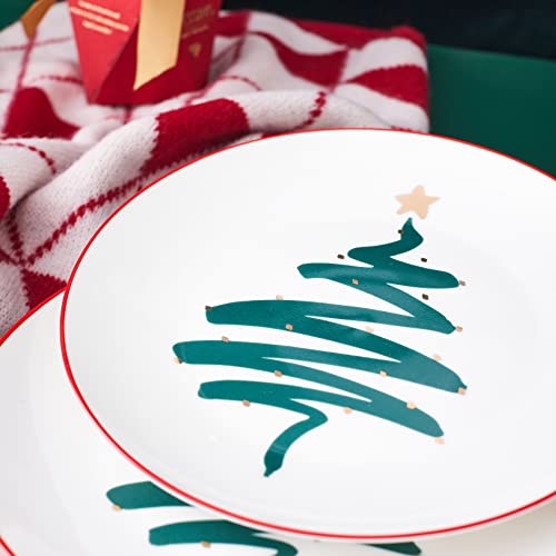 Swuut Christmas Dinner Plates Set of 4, 10 Inch Bone China with Gold Tree Design