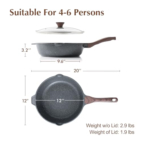 SENSARTE 12-inch Gray Nonstick Deep Frying Pan with Lid, Stay-Cool Handle, 5QT, Induction Safe