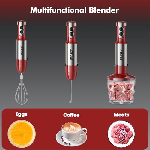Prasky Red 1200W Handheld Immersion Blender 20-Speed 5-in-1 Kitchen Mixer