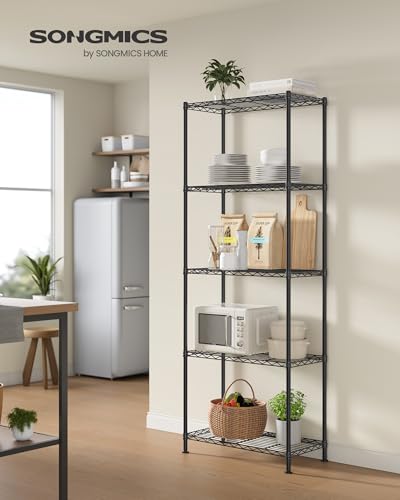SONGMICS Black 5-Tier Adjustable Wire Shelving Unit with 8 Hooks, 11.8"D x 23.6"W