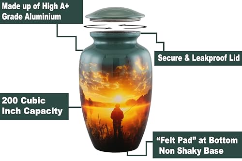 Gray Large Fishing Cremation Urn for Adult Ashes - Handmade Memorial Funeral Urn with Velvet Bag