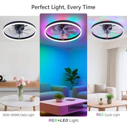 RGB Ceiling Fan with Light - Black Low Profile Flush Mount, Remote & App Control