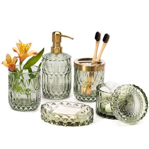EMPO 6-Piece Green Glass Bathroom Accessories Set - Soap Dispenser, Toothbrush Holder, Soap Dish, Tumbler & Cotton Swab Jar