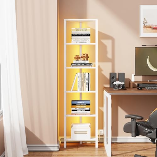 TUTOTAK White 6-Tier Corner Bookshelf with LED Light - Space-Saving Storage