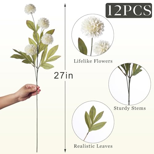 Cream Artificial Pompon Mum Flower Stems - 12 Pack, 27 Inch Faux Flowers for Vase & DIY Decor