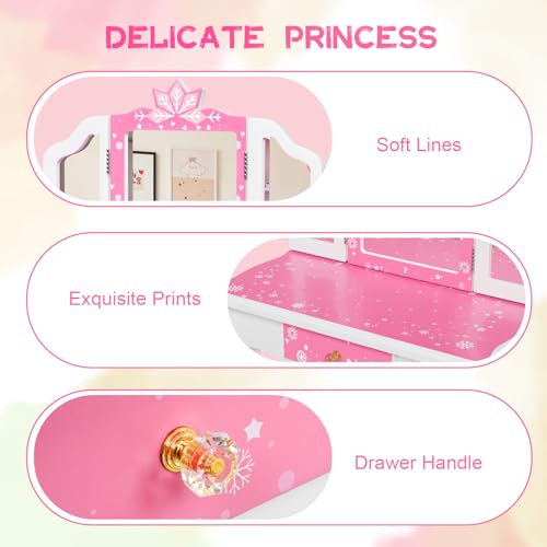 Pink Kids Vanity Set with Wooden Makeup Table & Stool, Tri-Folding Mirror, Large Drawer, Safe Sturdy Frame, Gift for Girls