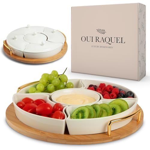 Chip and Dip Serving Set with 5 Bowls & Lazy Susan - 13.5" Ceramic Tray