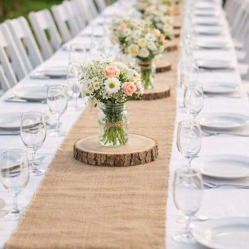 Tioncy 12 Pcs Burlap Table Runner & Wood Slices Set 100ft – Rustic Farmhouse Decor