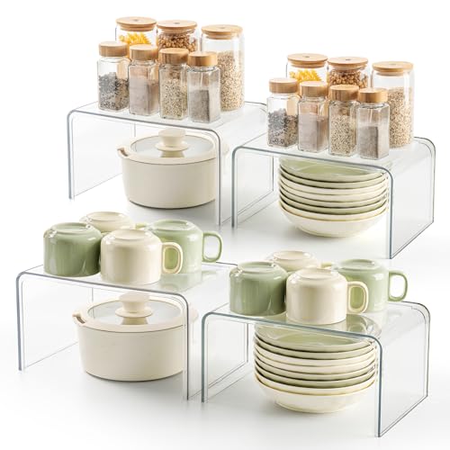 Set of 4 Clear Stackable Cabinet Shelf Organizers - Kitchen Storage