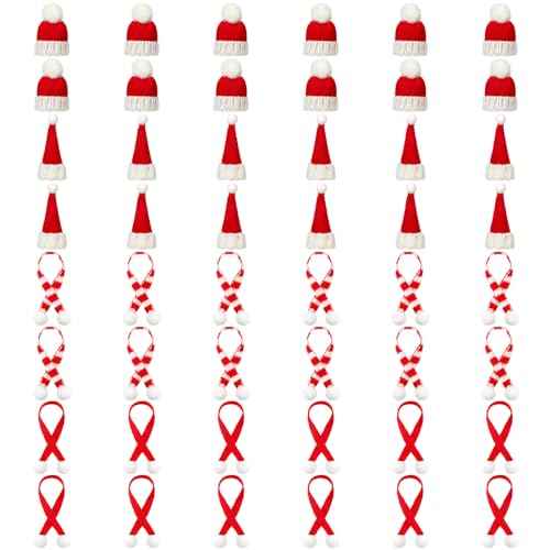 Bencailor 48 Pcs Mini Knit Santa Hats Tiny Christmas Scarf and Hats Set Mini Scarf for Crafts Small Christmas Tree Ornaments Decorations for DIY Craft Art Snowman Doll (Red)