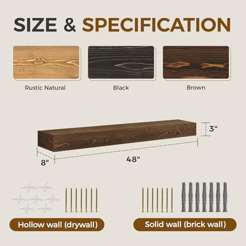 48-Inch Pine Wood Fireplace Mantel Shelf 3'' Thick Brown Floating Shelf - 48x3x8 Hollow