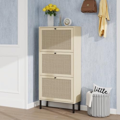 ZeHuoGe Natural Rattan Shoe Storage Rack - Modern 3-Tier Cabinet with 3 Flip Drawers for Heels & Slippers