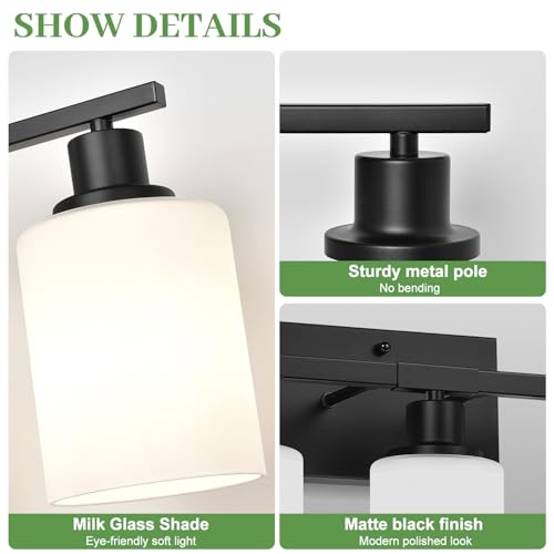 Matte Black 5-Light Bathroom Vanity Light Fixture with Milky White Shades — Over Mirror, Modern Wall Lamp