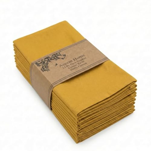 Accent Home Mustard Cotton Napkins 18x18 Inches Set of 12 - Mitered Corners