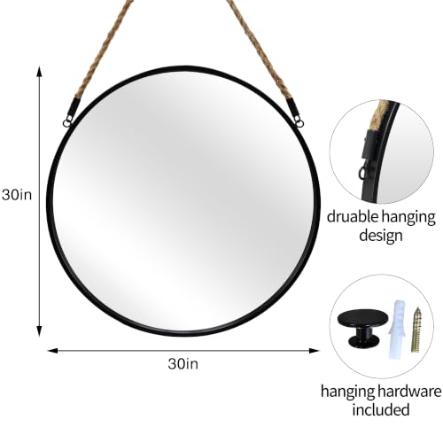 Large Round Hanging Mirror with Jute Rope - 30 Inch Black Wall Decor - POZINO