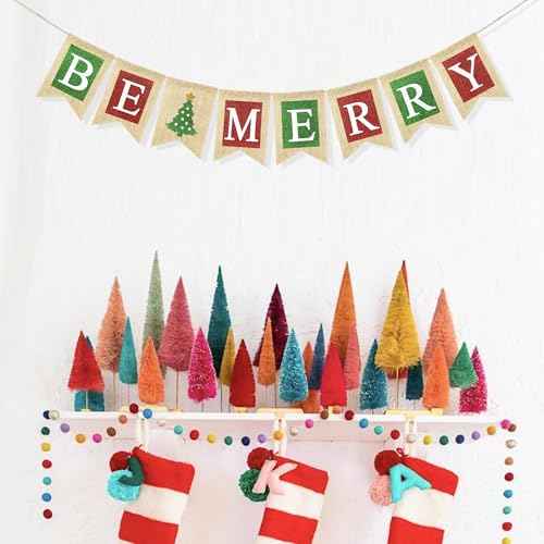 Burlap Be Merry Banner Christmas Decorations for Mantel Fireplace, Christmas Banner for Home Office Wall Decor, Winter Holiday Photo Props Xmas Party Favors