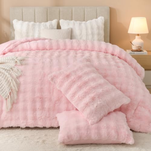 Pink Faux Rabbit Fur Comforter Set - 3 Piece Cozy Bedding
