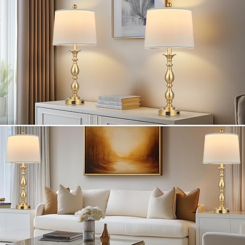 MOUVOVO 28-inch Gold Set of 2 Modern Touch Bedside Table Lamps with USB & Outlet, Farmhouse Nightstand Lamps for Bedroom & Living Room - Includes 2 LED Bulbs