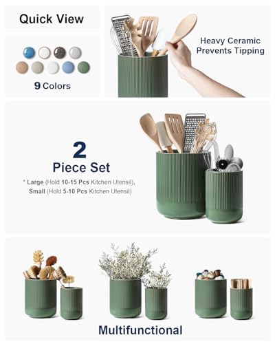 LE TAUCI Ceramic Kitchen Utensil Holder Set - Forest Green, 7.3 & 5.4 Inches, Countertop Organizer