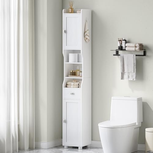 HEXCELEN Tall White Bathroom Storage Cabinet 11"D x 11"W x 70.9"H with Shelves