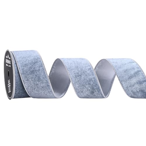 DINDOSAL Dusty Blue Velvet Wired Ribbon 2.5 Inch x 10 Yards - Silver Back